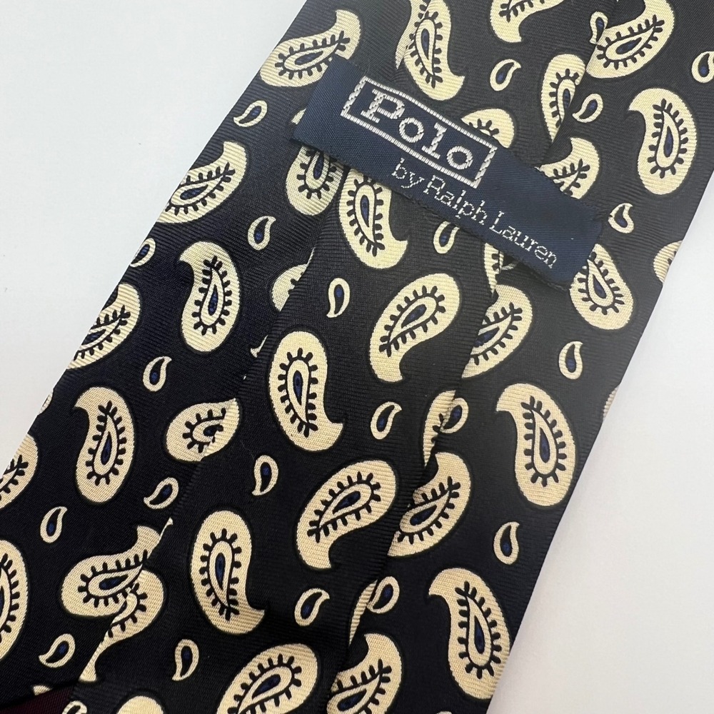 Polo Ralph Lauren Mens Silk Tie Black Cream Paisley Hand Made USA 3.75 Inch Wide